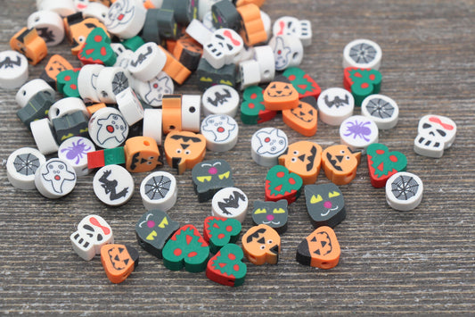 Halloween Polymer Clay Beads, Round Halloween Holiday Fimo Cane Beads, Assorted Beads, Ghost, Jack Skellington Beads, Bead For Bracelet