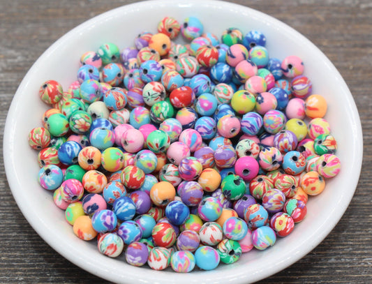 Flower Printed Clay Round Beads, Multicolored Flower Round Polymer Clay Beads, Floral Beads, Assorted Color Round Beads, 6mm 8mm 10mm 12mm