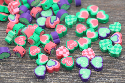 Valentines Day Themed Polymer Clay Beads, Assorted Heart Shape Clay Round Beads, Loose Beads, Jewelry Beads, Beads for Bracelet #123