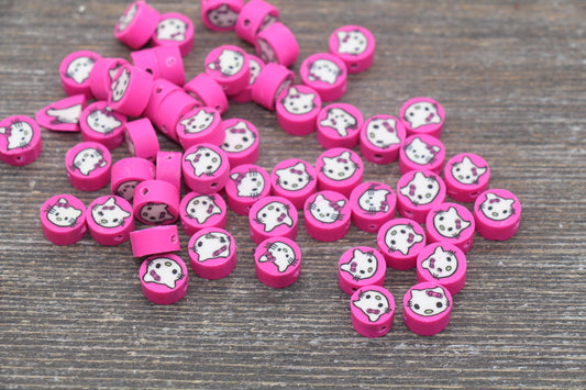 Pink Kawaii Kitty Polymer Clay Beads, Kitty Cat Clay Beads, Round Clay Beads, Jewelry Beads, Beads for Bracelet #413
