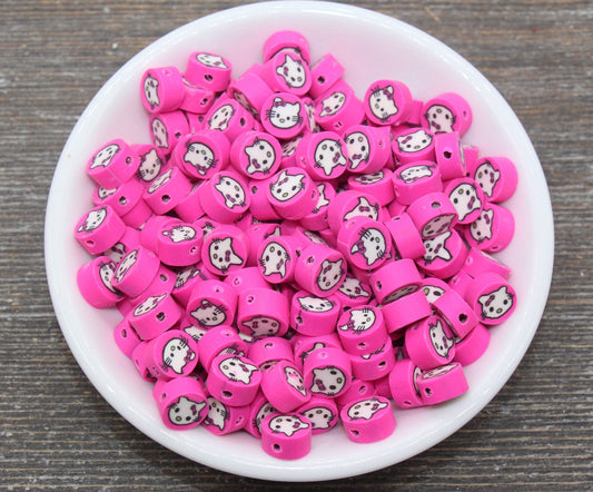 Pink Kawaii Kitty Polymer Clay Beads, Kitty Cat Clay Beads, Round Clay Beads, Jewelry Beads, Beads for Bracelet #413