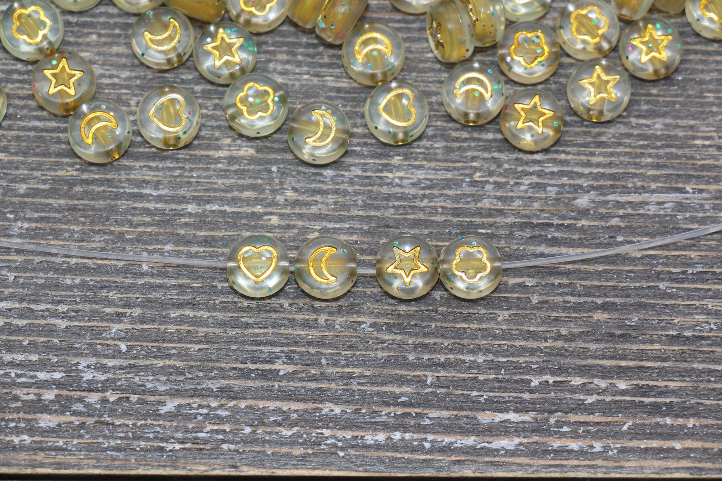 Heart, Star, Flower, Moon Beads, Gold Symbols with Glitter Beads, Symbol Beads, Plastic Heart Star Moon Flower Size 7mm #520