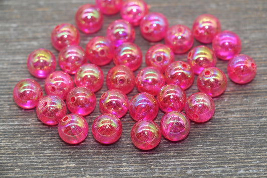 10mm Hot Pink AB Round Beads, Iridescent Acrylic Gumball Beads, Transulcent Round Spacer Beads, Bubblegum Beads, Plastic Round Bead #65