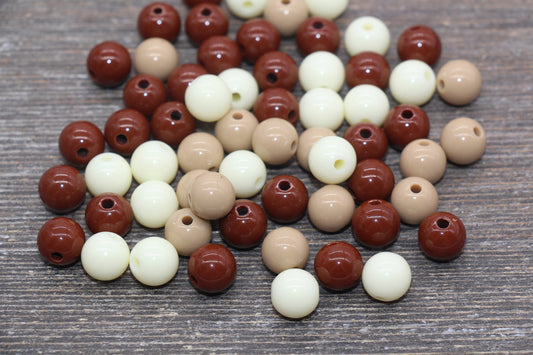 10mm Mix Round Gumball Beads, Ivory and Brown Mix Acrylic Loose Beads, Multicolor Bubblegum Beads, Chunky Beads, Smooth Round Beads #2419