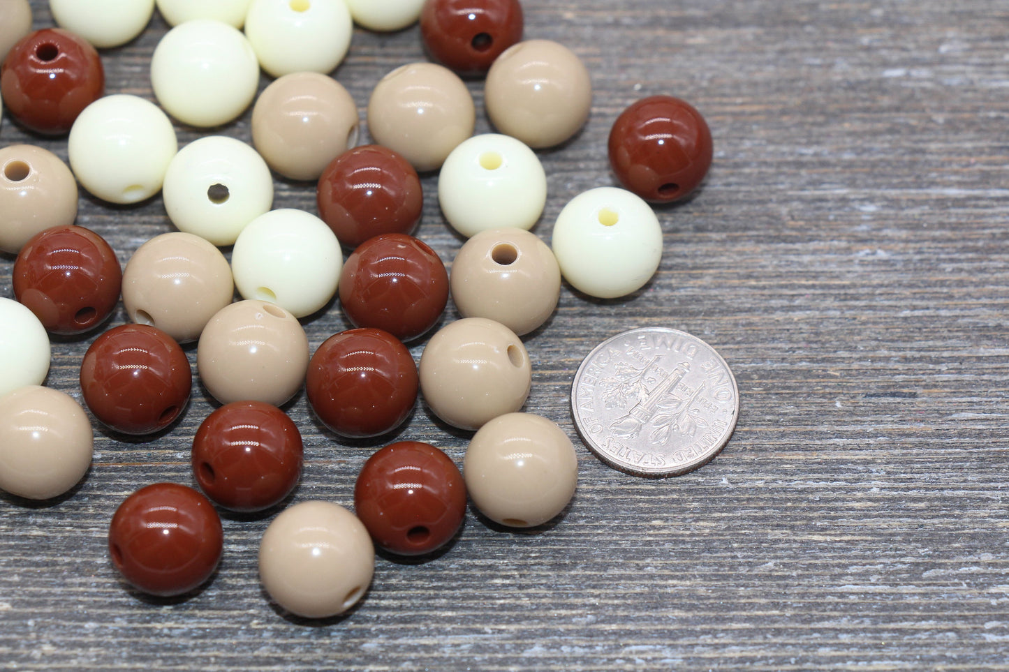12mm Mix Round Gumball Beads, Ivory and Brown Mix Acrylic Loose Beads, Multicolor Bubblegum Beads, Chunky Beads, Smooth Round Beads #2420
