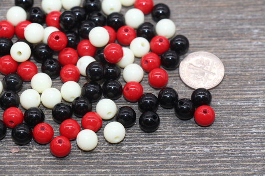 8mm Mix Round Gumball Beads, Ivory Red and Black Mix Acrylic Loose Beads, Multicolor Bubblegum Beads, Chunky Beads, Smooth Round Beads #2423