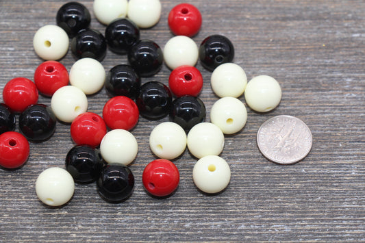 12mm Mix Round Gumball Beads, Ivory Red Black Mix Acrylic Loose Beads, Multicolor Bubblegum Beads, Chunky Beads, Smooth Round Beads #2425