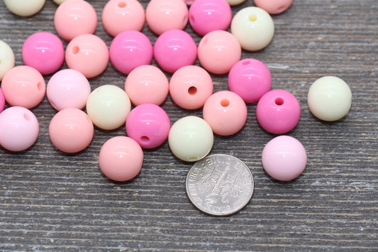 12mm Mix Round Gumball Beads, Ivory and Pink Mix Acrylic Loose Beads, Multicolor Bubblegum Beads, Chunky Beads, Smooth Round Beads #2435