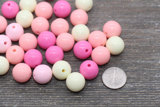 14mm Mix Round Gumball Beads, Ivory and Pink Mix Acrylic Loose Beads, Multicolor Bubblegum Beads, Chunky Beads, Smooth Round Beads #2436