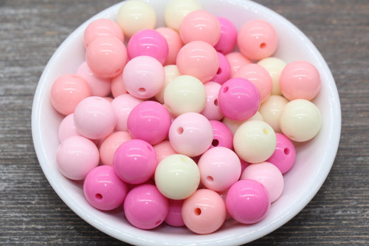 14mm Mix Round Gumball Beads, Ivory and Pink Mix Acrylic Loose Beads, Multicolor Bubblegum Beads, Chunky Beads, Smooth Round Beads #2436