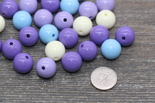 14mm Mix Round Gumball Beads, Ivory Blue Purple Mix Acrylic Loose Beads, Multicolor Bubblegum Beads, Chunky Beads, Smooth Round Beads #2441