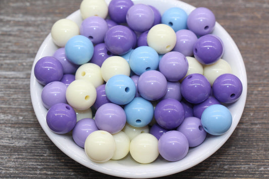 14mm Mix Round Gumball Beads, Ivory Blue Purple Mix Acrylic Loose Beads, Multicolor Bubblegum Beads, Chunky Beads, Smooth Round Beads #2441