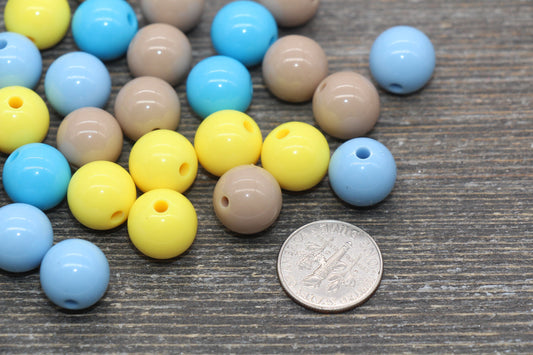 12mm Mix Round Gumball Beads, Blue Yellow Brown Mix Acrylic Loose Beads, Multicolor Bubblegum Beads, Chunky Beads, Smooth Round Beads #2445