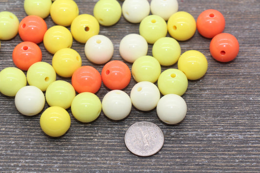 14mm Mix Round Gumball Beads, Orange Yellow Ivory Mix Loose Beads, Multicolor Bubblegum Beads, Chunky Beads, Smooth Round Beads #2451