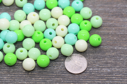 10mm Mix Round Gumball Beads, Ivory and Green Mix Acrylic Beads, Multicolor Bubblegum Beads, Chunky Beads, Smooth Round Beads #2454