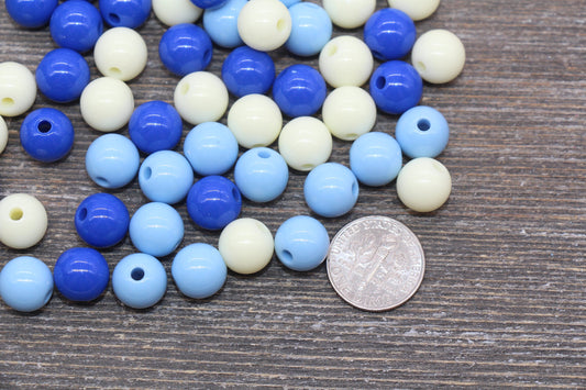 10mm Mix Round Gumball Beads, Ivory and Blue Mix Acrylic Beads, Multicolor Bubblegum Beads, Chunky Beads, Smooth Round Beads #2459