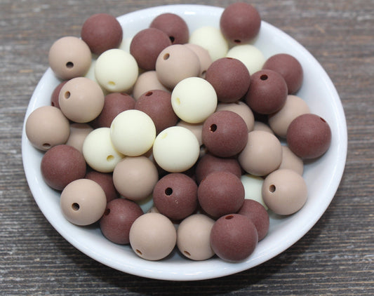 14mm Frosted Mix Round Gumball Beads, Matte Ivory and Brown Mix Loose Beads, Multicolor Bubblegum Beads, Chunky Beads #2465