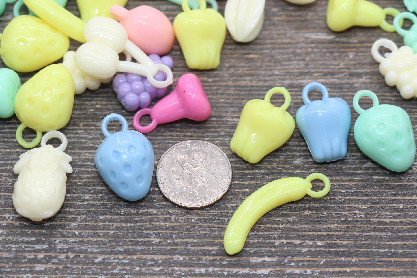 Assorted Fruit Charms, Acrylic Mix Fruit Charms, Cherry Banana Grape Strawberry Pineapple Charms, Chunky Beads #2478
