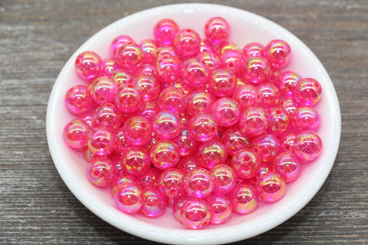 10mm Hot Pink AB Round Beads, Iridescent Acrylic Gumball Beads, Transulcent Round Spacer Beads, Bubblegum Beads, Plastic Round Bead #65