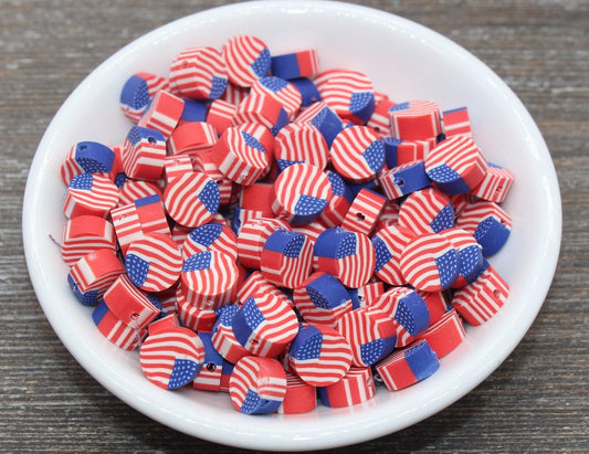 Patriotic American Flag Clay Beads, United States Flag Polymer Clay Beads, US Flag Beads, Round Clay Beads, Jewelry Beads #99