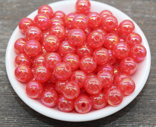 12mm Jelly Red AB with Glitter Gumball Beads, Iridescent Acrylic Loose Beads, Bubblegum Beads, Sparkle Glossy Chunky Round Beads #2524