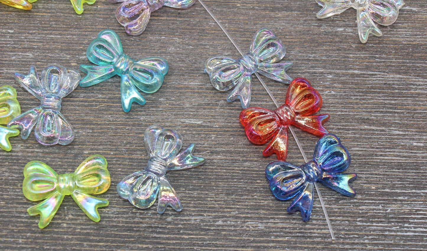 Multicolor Bow Beads, Iridescent Acrylic Ribbon Bow Beads, Rainbow AB Bow Beads, Vertical Hole Bow Beads, Jewelry Beads #258