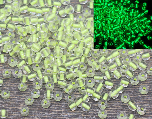 GLOW Glass Beads, 4mm 6/0 Glass Beads, Glow in Dark Transparent Beads with Yellow Lining Beads, Rocailles Beads, Beading Supplies #2403
