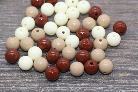 12mm Mix Round Gumball Beads, Ivory and Brown Mix Acrylic Loose Beads, Multicolor Bubblegum Beads, Chunky Beads, Smooth Round Beads #2420