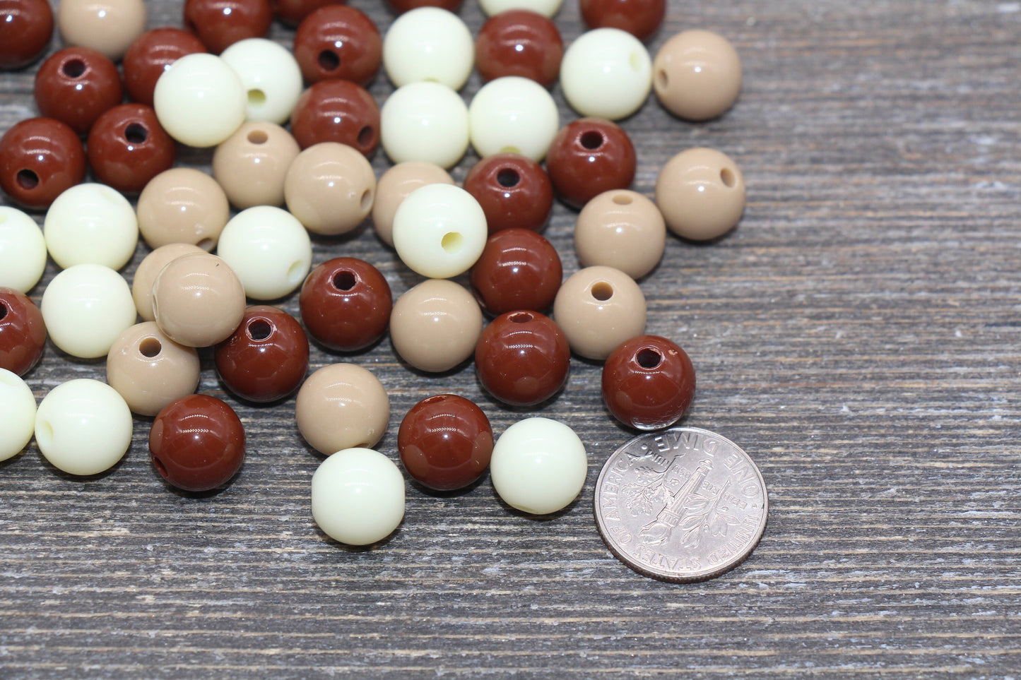 10mm Mix Round Gumball Beads, Ivory and Brown Mix Acrylic Loose Beads, Multicolor Bubblegum Beads, Chunky Beads, Smooth Round Beads #2419
