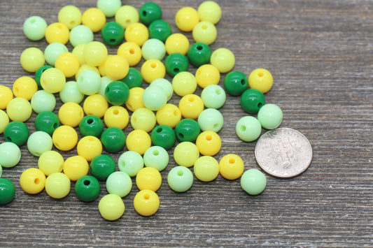 8mm Mix Round Gumball Beads, Yellow and Green Mix Acrylic Loose Beads, Multicolor Bubblegum Beads, Chunky Beads, Smooth Round Beads #2428