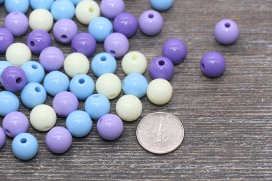 10mm Mix Round Gumball Beads, Ivory Blue Purple Mix Acrylic Beads, Multicolor Bubblegum Beads, Chunky Beads, Smooth Round Beads #2439