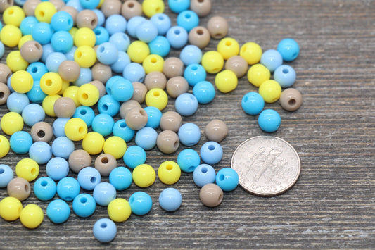 6mm Mix Round Gumball Beads, Blue Yellow Brown Mix Acrylic Loose Beads, Multicolor Bubblegum Beads, Chunky Beads, Smooth Round Beads #2442