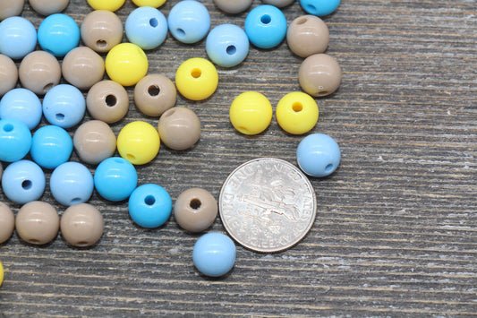 8mm Mix Round Gumball Beads, Blue Yellow Brown Mix Acrylic Loose Beads, Multicolor Bubblegum Beads, Chunky Beads, Smooth Round Beads #2443