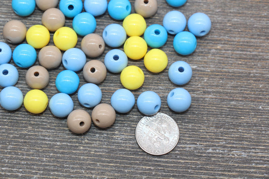 10mm Mix Round Gumball Beads, Blue Yellow Brown Mix Acrylic Beads, Multicolor Bubblegum Beads, Chunky Beads, Smooth Round Beads #2444
