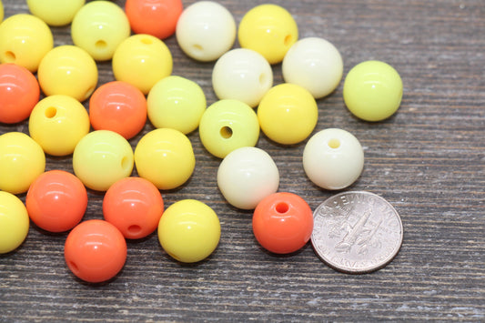 12mm Mix Round Gumball Beads, Orange Yellow Ivory Mix Loose Beads, Multicolor Bubblegum Beads, Chunky Beads, Smooth Round Beads #2450