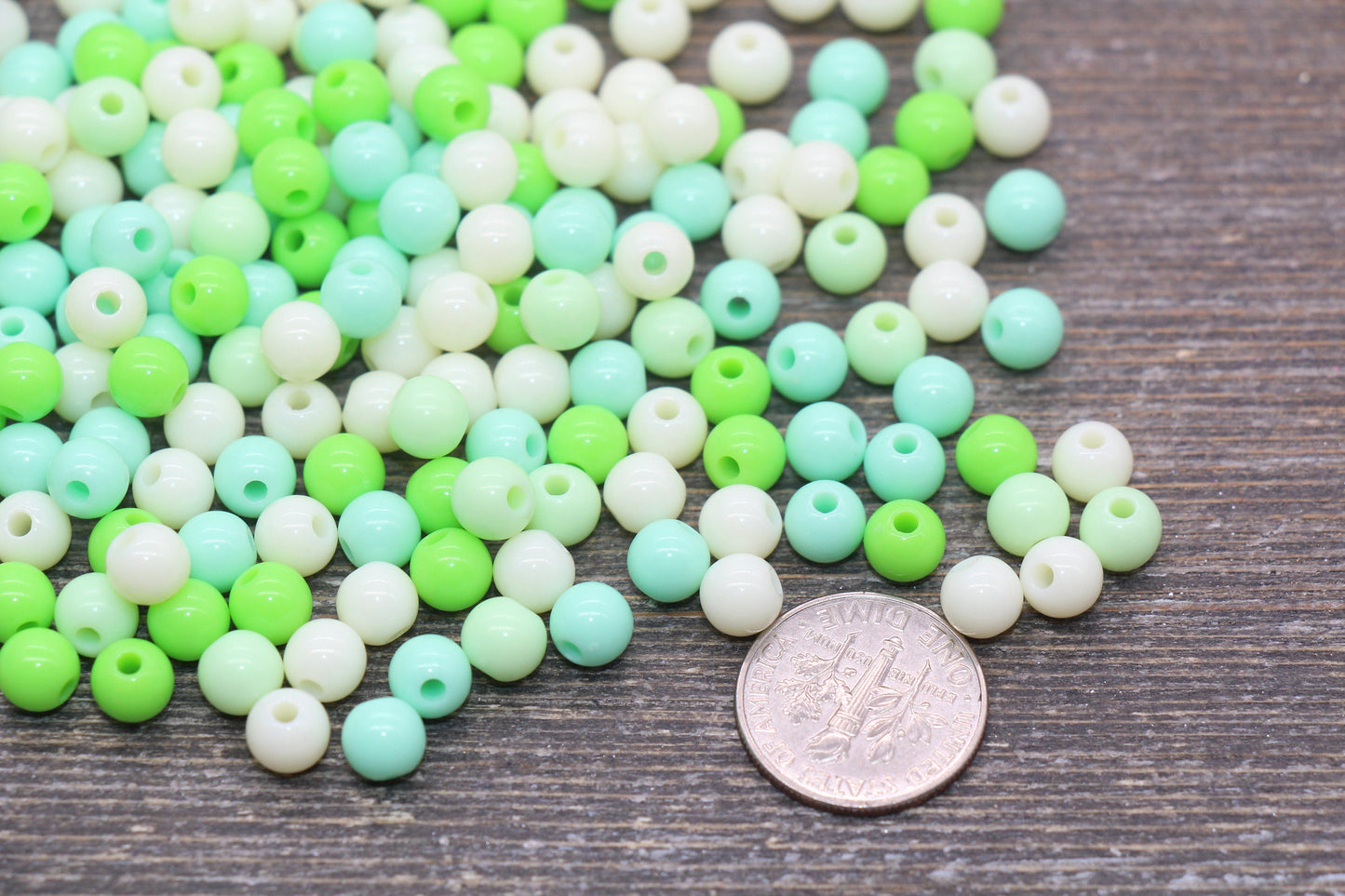 6mm Mix Round Gumball Beads, Ivory and Green Mix Acrylic Loose Beads, Multicolor Bubblegum Beads, Chunky Beads, Smooth Round Beads #2452