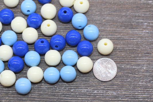 12mm Mix Round Gumball Beads, Ivory and Blue Mix Loose Beads, Multicolor Bubblegum Beads, Chunky Beads, Smooth Round Beads #2460