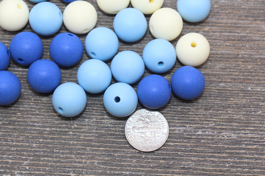 14mm Frosted Mix Round Gumball Beads, Matte Ivory and Blue Mix Loose Beads, Multicolor Bubblegum Beads, Chunky Beads #2463