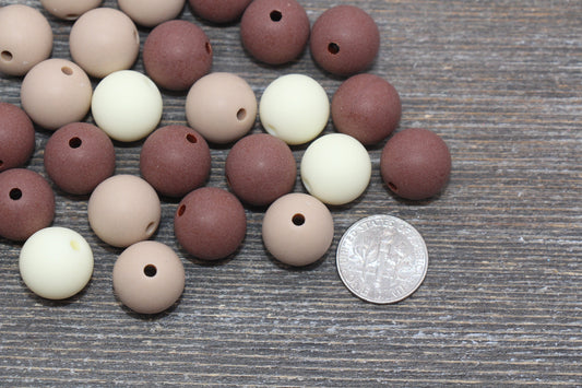 14mm Frosted Mix Round Gumball Beads, Matte Ivory and Brown Mix Loose Beads, Multicolor Bubblegum Beads, Chunky Beads #2465