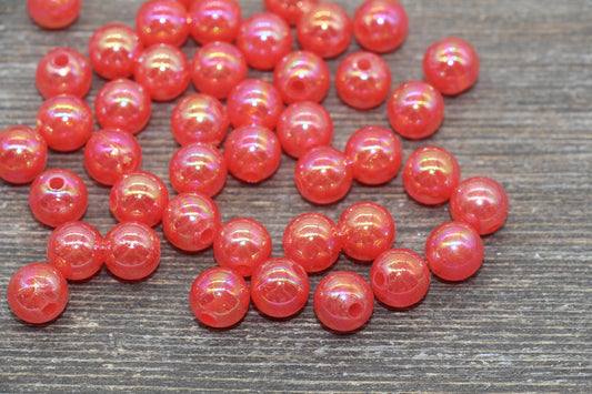 10mm Jelly Red AB with Glitter Gumball Beads, Iridescent Acrylic Loose Beads, Bubblegum Beads, Sparkle Glossy Chunky Round Beads #2523