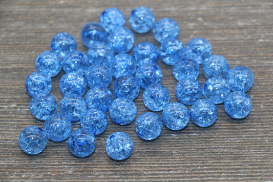 10mm Blue Crackle Gumball Beads, Acrylic Crackle Loose Beads, Bubblegum Beads, Chunky Beads, Smooth Round Plastic Beads #1540
