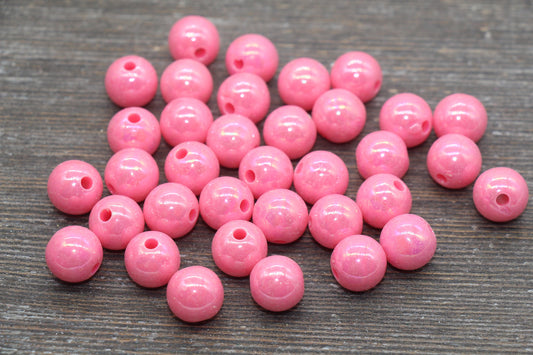 12mm Pink AB Gumball Beads, Iridescent Acrylic Loose Beads, Solid Bubblegum Beads, Chunky Beads, Glossy Smooth Round Plastic Beads #81