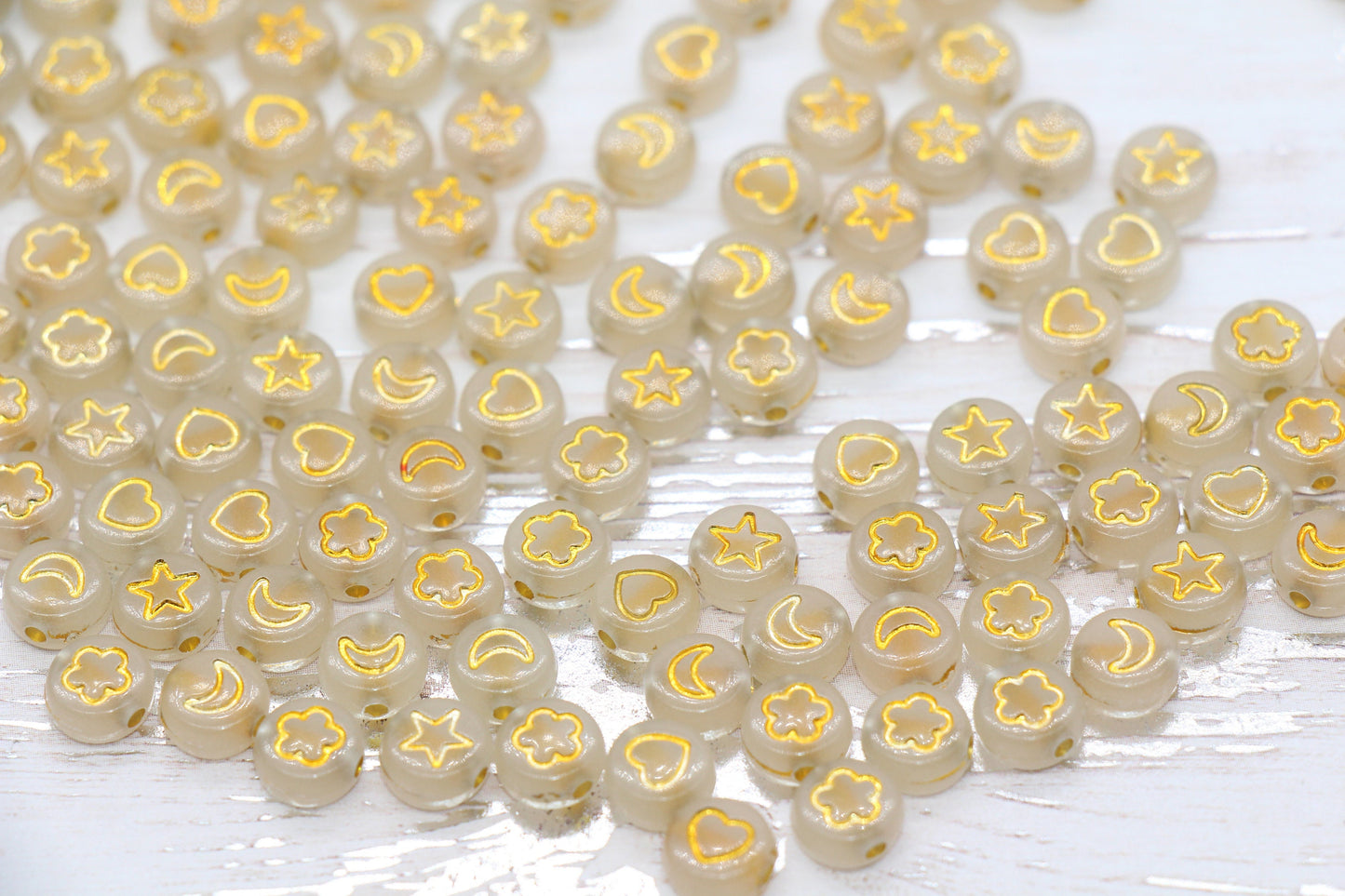 Glow in Dark Heart, Star, Flower, Moon Beads, Acrylic Glowing Bead with Gold symbols, Assort Symbol Round Beads, Size 7mm #311