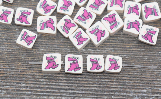Kawaii Dinosaur Polymer Clay Beads, Dinosaur Square Shape Clay Beads, Jewelry Beads, Beads for Bracelet #173