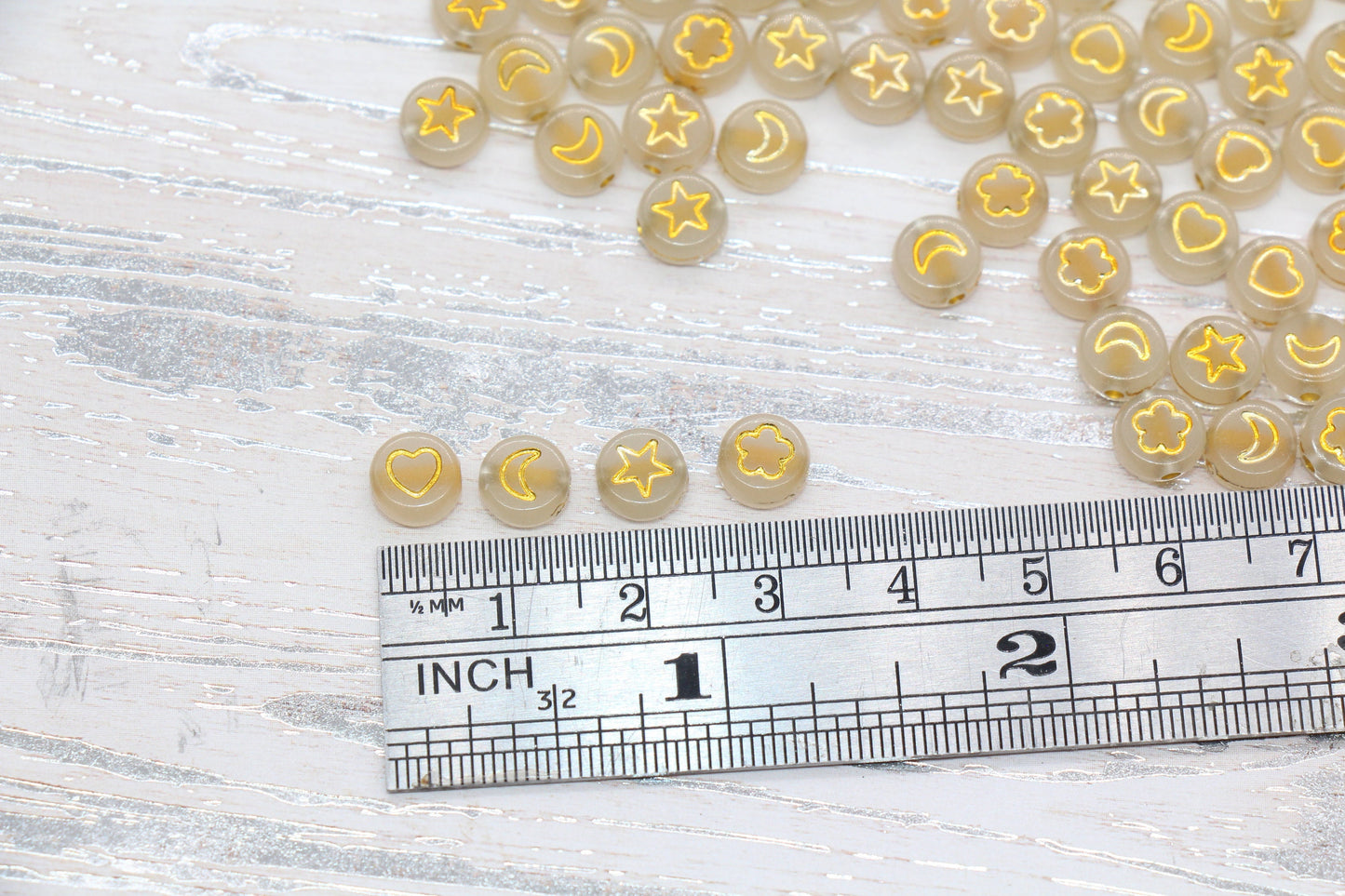 Glow in Dark Heart, Star, Flower, Moon Beads, Acrylic Glowing Bead with Gold symbols, Assort Symbol Round Beads, Size 7mm #311