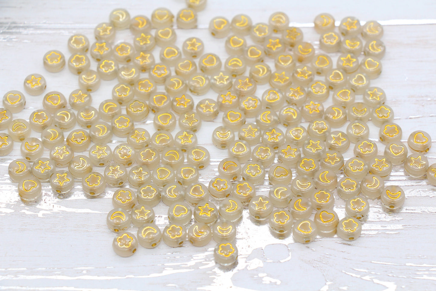 Glow in Dark Heart, Star, Flower, Moon Beads, Acrylic Glowing Bead with Gold symbols, Assort Symbol Round Beads, Size 7mm #311
