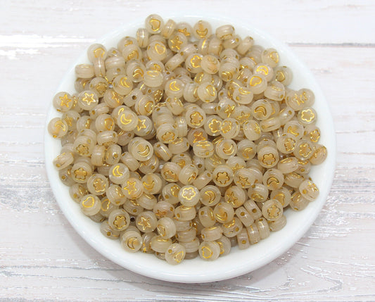 Glow in Dark Heart, Star, Flower, Moon Beads, Acrylic Glowing Bead with Gold symbols, Assort Symbol Round Beads, Size 7mm #311