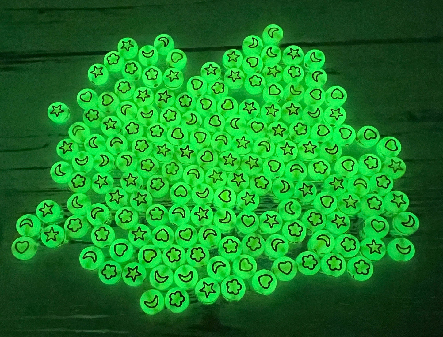 Glow in Dark Heart, Star, Flower, Moon Beads, Acrylic Glowing Bead with Gold symbols, Assort Symbol Round Beads, Size 7mm #311