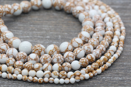 Gold Lace Turquoise Beads, White Turquoise with Gold Lace Gemstone Beads, Smooth Round Beads, Sizes 4mm 6mm 8mm 10mm 12mm, 15.5 inch, #210