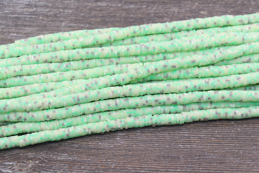 6mm Green Speckled Heishi Beads, Green Speckled Polymer Clay Disc Beads, African Disc Beads, Vinyl Heishi, 16 inch Strand #436